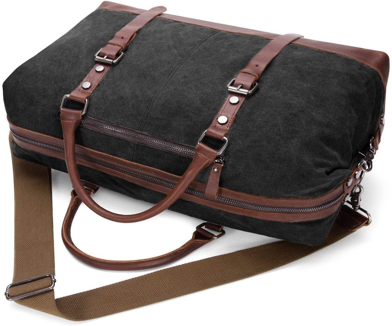 TILEMALL Oversized Canvas Holdall Travel Carry On Duffel Bags Plus Handbag Shoulder Bag Crossbody Overnight Weekend Bag Unisex Travel Holdall Handbag with PU Leather Handle (Black) - Image 3
