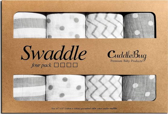 Cuddlebug Muslin Baby Swaddle Blankets for Boys and Girls 0 to 3 Months - Large 4 x 4 Feet – Unisex Muslin Cotton (Spots n Stripes)