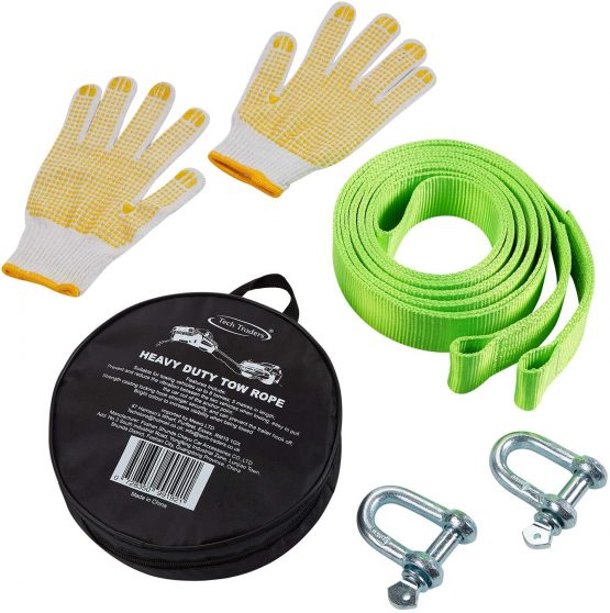 Tech Traders ® Recovery Straps, Towing belt,Towing Rope/Towing Road Recovery Strap for Cars Fluorescent 17600Ib 5 Meter With 2 Shackles&2 Slip-Proof Gloves FREE Carry Case