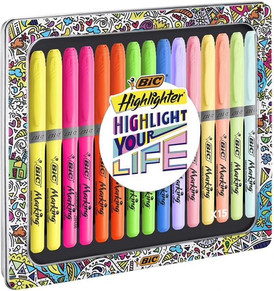 BIC Highlighter Collection Box, Assorted Intense and Pastel Colours, in Convenient Metal Gift Box, Pack of 15