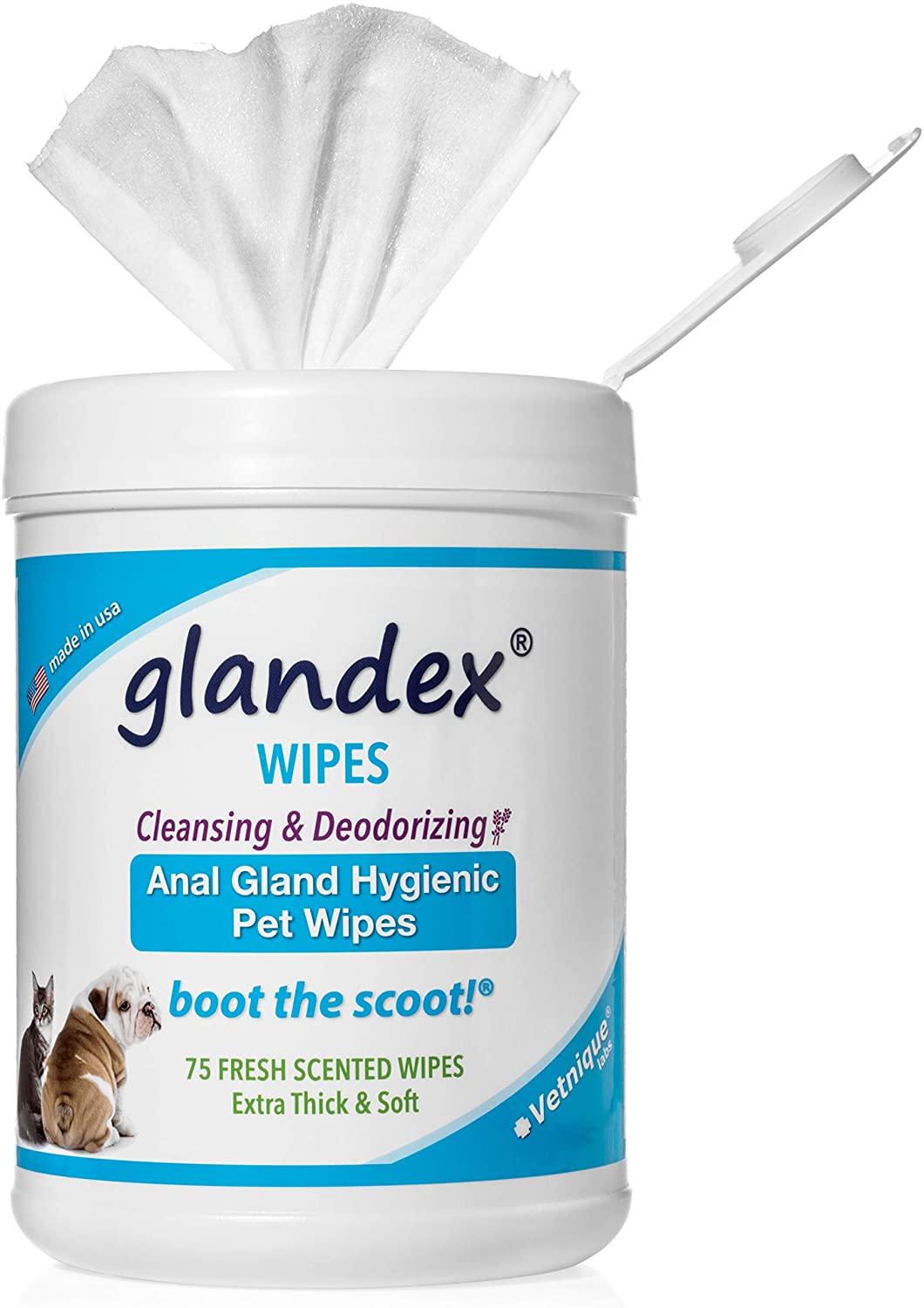 Vetnique Labs Glandex Dog Wipes Cleansing Deodorizing Hygienic Anal Gland Grooming Wipes (75ct Container)