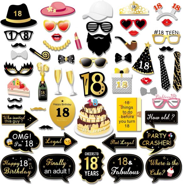 Konsait 55pcs 18th Birthday Photo Booth Props, Black and Gold Happy 18 ...