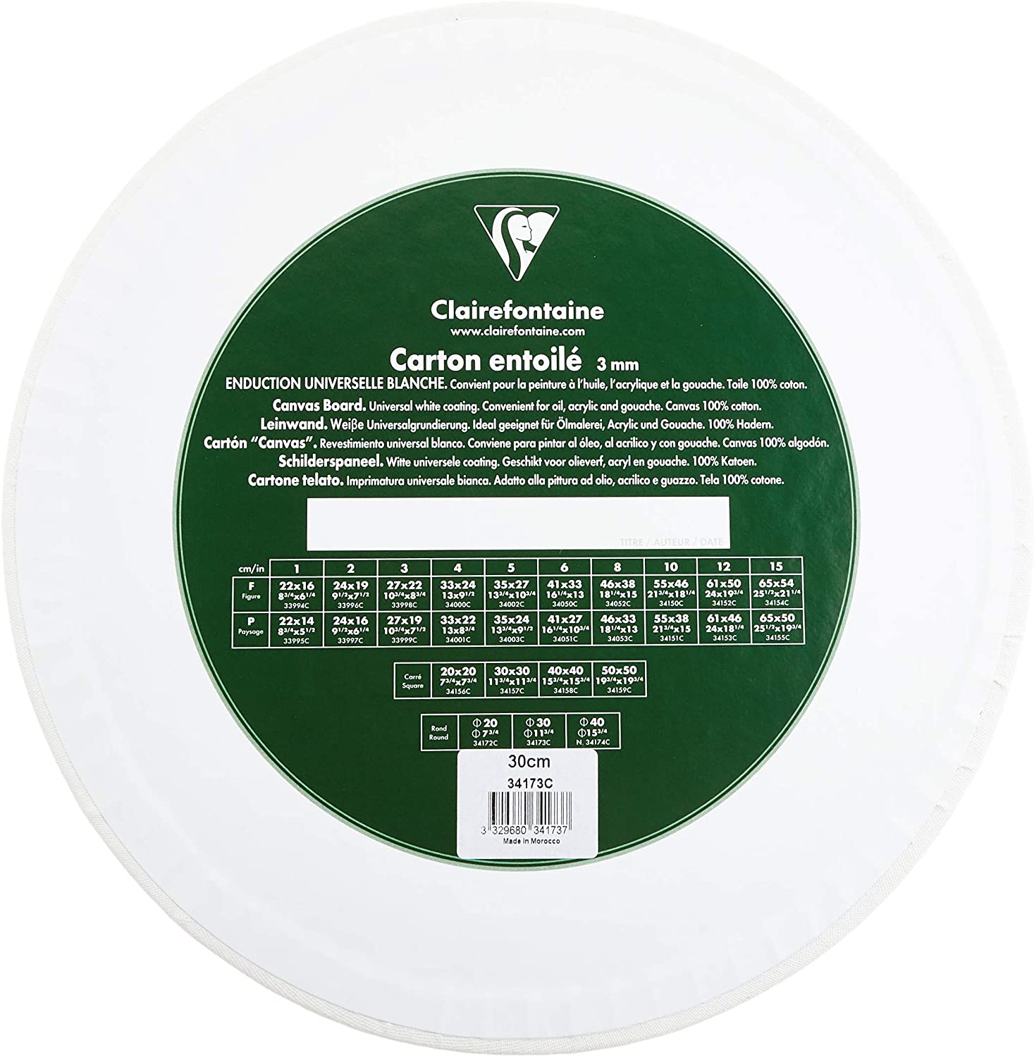Clairefontaine, Ref 34173C, White Canvas Board (Round), 30 x 30cm, 3mm Thick, Made from 100% Cotton - Image 2