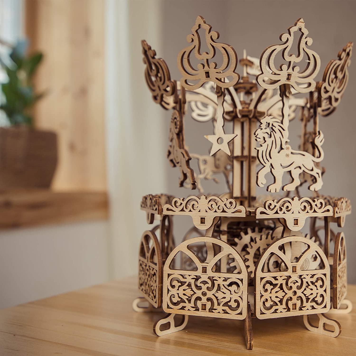 Wood Trick Wooden Carousel Horse Toy, Merry-Go-Round Toy Rotating Mechanical Model, 3D Wooden Puzzle, Assembly Toys - Image 2