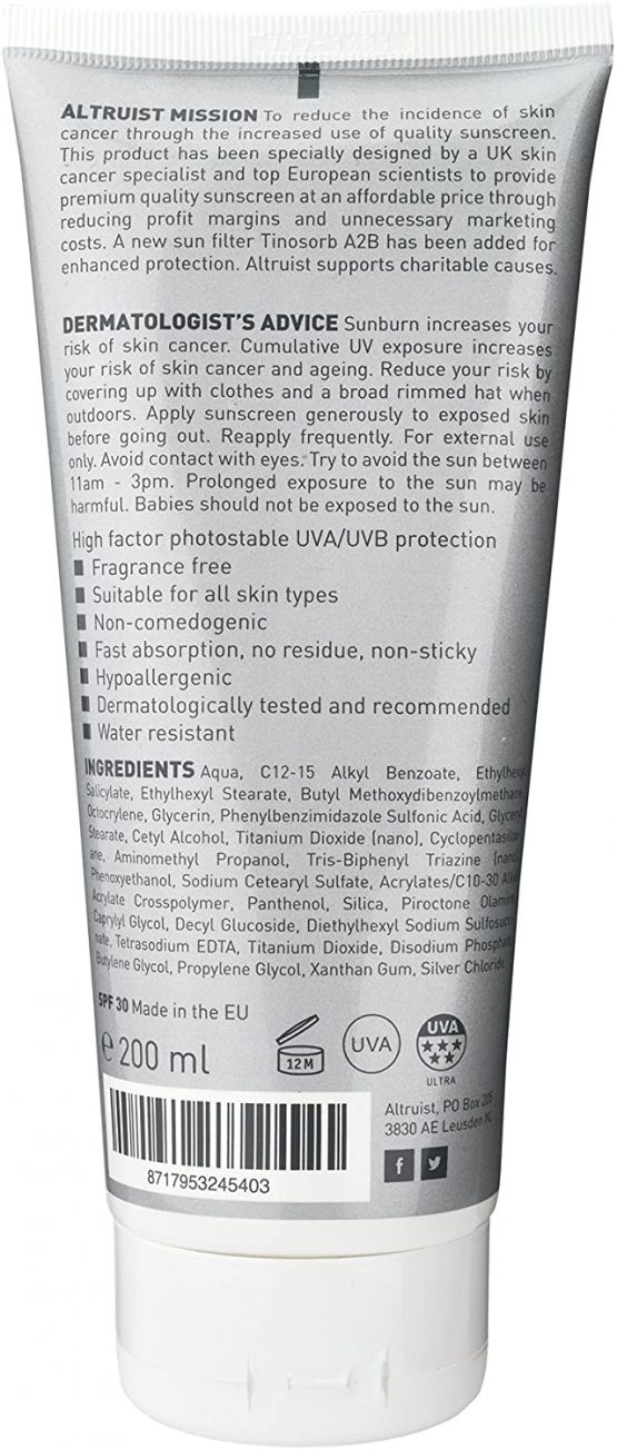 ALTRUIST. Dermatologist Sunscreen SPF 30 – Superior 5-star UVA protection (PPD: 39) by Dr Andrew Birnie, suitable for sensitive skin - 2 x 200 ml - Image 2