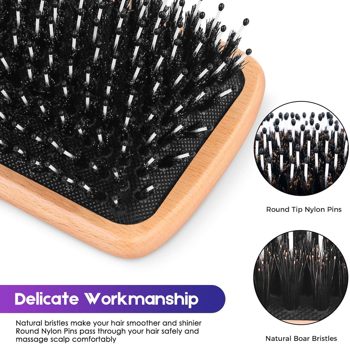 Bsisme Boar Bristle Hair Brush Women Mens with Soft Nylon, Detangle Curly Thick Hair Wooden Paddle Hairbrush and Comb - Image 2