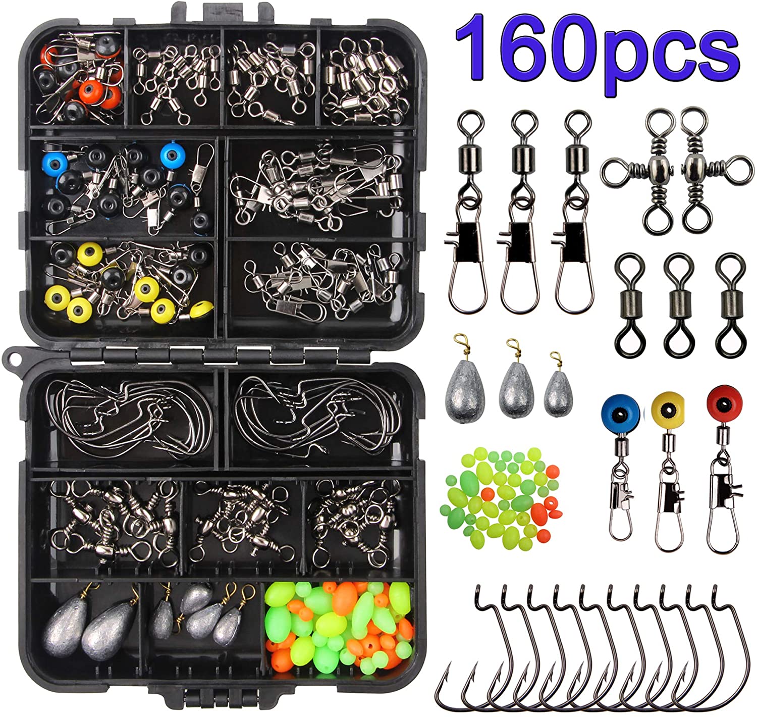 JSHANMEI 160pcs/box Fishing Accessories Kit, Including Jig Worm Hooks, Iron-Weights, Rolling Barrel Fishing Swivels Snaps