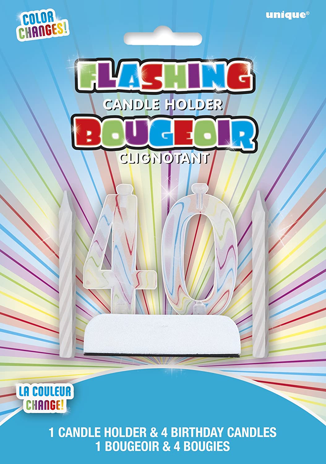 Unique Party 37544 - Colour Changing Flashing Number 40 Birthday Candle Holder with 4 Candles, Multicolor, Age 40 - Image 2