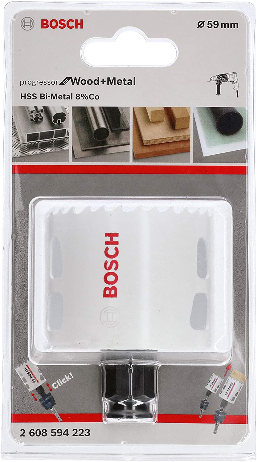 BOSCH Bi-Metal Hole Saw (for Wood and Metals 8% Cobalt Alloy, Progressive Tooth Design, diameter 59 mm, Accessory Drills)