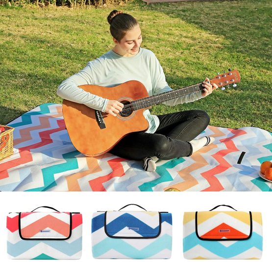 SONGMICS Picnic Blanket, 150 x 200 cm, Outdoor Beach Blanket for Camping, Park, Yard, with Waterproof Backing, Foldable, Red Wave Pattern GCM07KW - Image 2