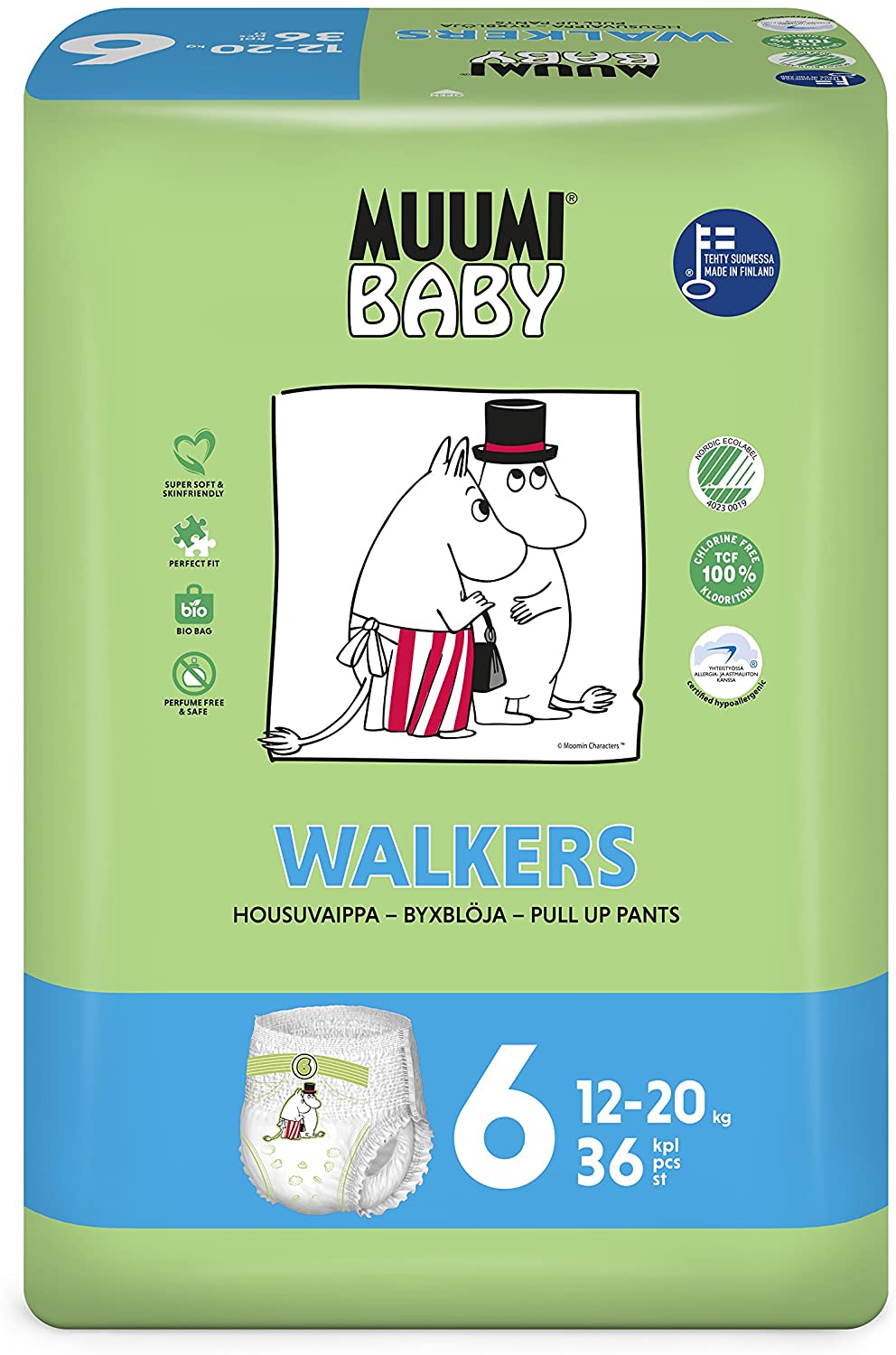 Muumi Baby Eco Pull Ups Size 6, 12-20 kg, 36 Sensitive Premium Nappy Pants with Leakage Barrier, White Us, Size 6, 12-20kg, 36pcs