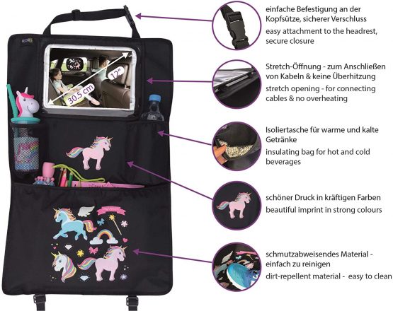 HECKBO® car backseat organizer with adjustable tablet pocket for tablets up to 20 inches with touch foil - with unicorn print - universal fit - incl. thermo pocket + stretch net pocket - washable - Image 3