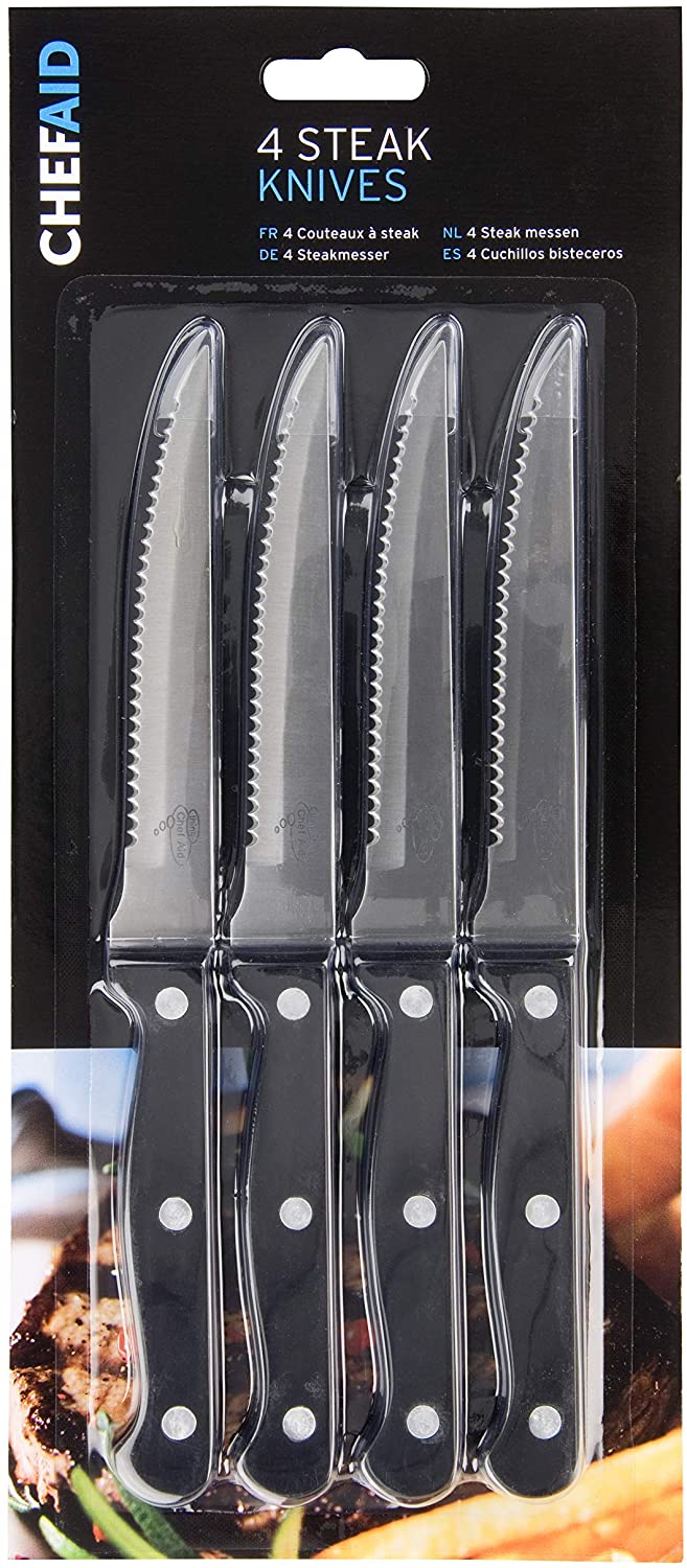 Chef Aid Stainless Steel Serrated Steak Knife Set, Set of 4 Durable Multipurpose Kitchen Knives with Comfort Grip, Ergonomic