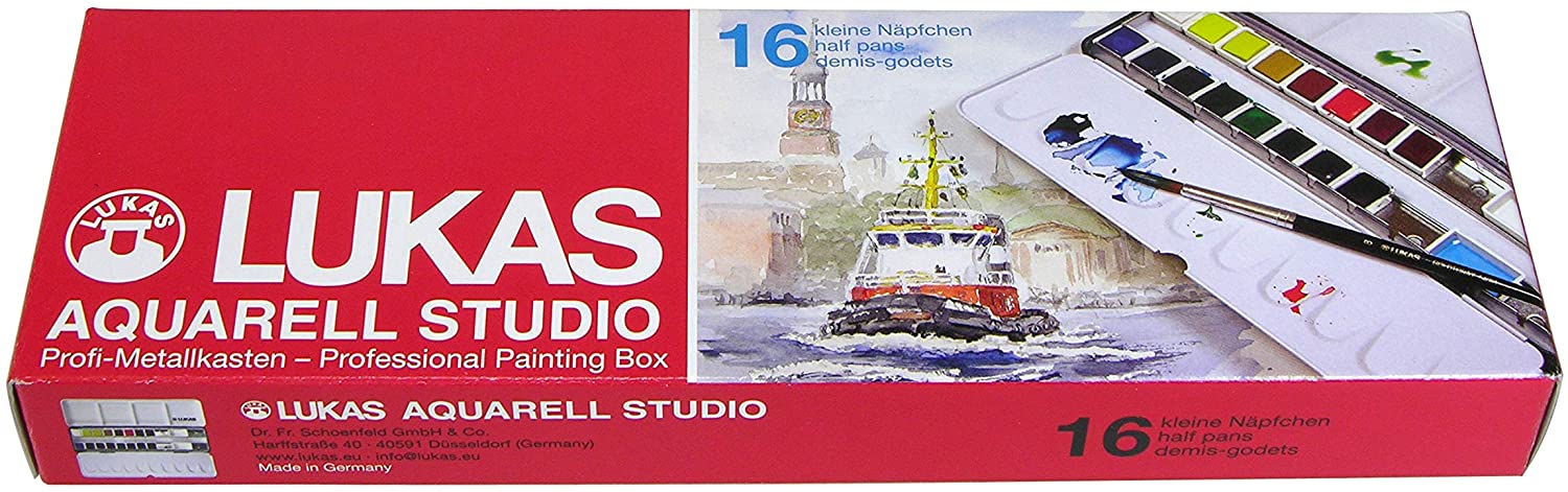 LUKAS Studio Aquarell Set, 16 x Half Pans in Assorted Colours, With Brush, For Entry-Level Professional & Student Watercolour Artists
