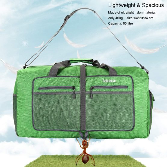 Bekahizar 60L Foldable Duffle Bag Large Lightweight Packable Travel Weekend Duffel with Shoe Compartment and Shoulder Strap for Luggage, Gym, Sport, Camping, Storage, Shopping (Dark Green) - Image 2