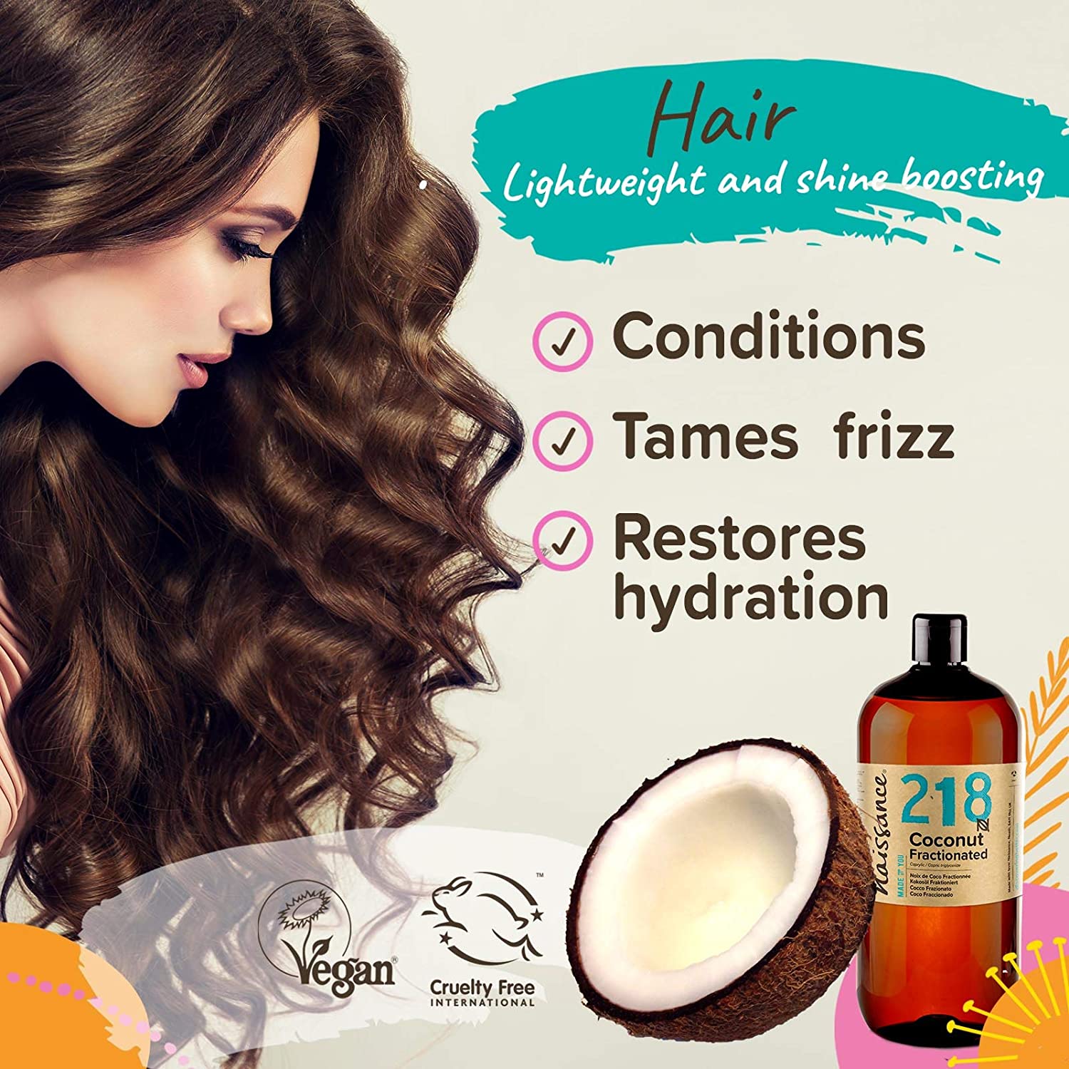 Naissance Liquid Fractionated Coconut Oil (No. 218), 870ml, 100% Pure Natural for Skin Hair, Lip Gloss, DIY Beauty Recipes - Image 2