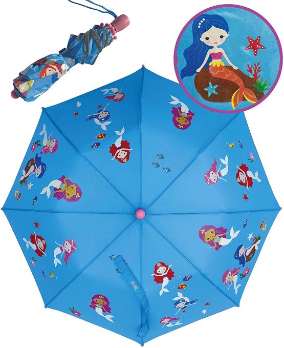 HECKBO® Magic Children Color Changing Umbrella Mermaid - Changes color in the rain - Pocket umbrella for boys and girls - Backpack umbrella sun umbrella for school children kindergarten children