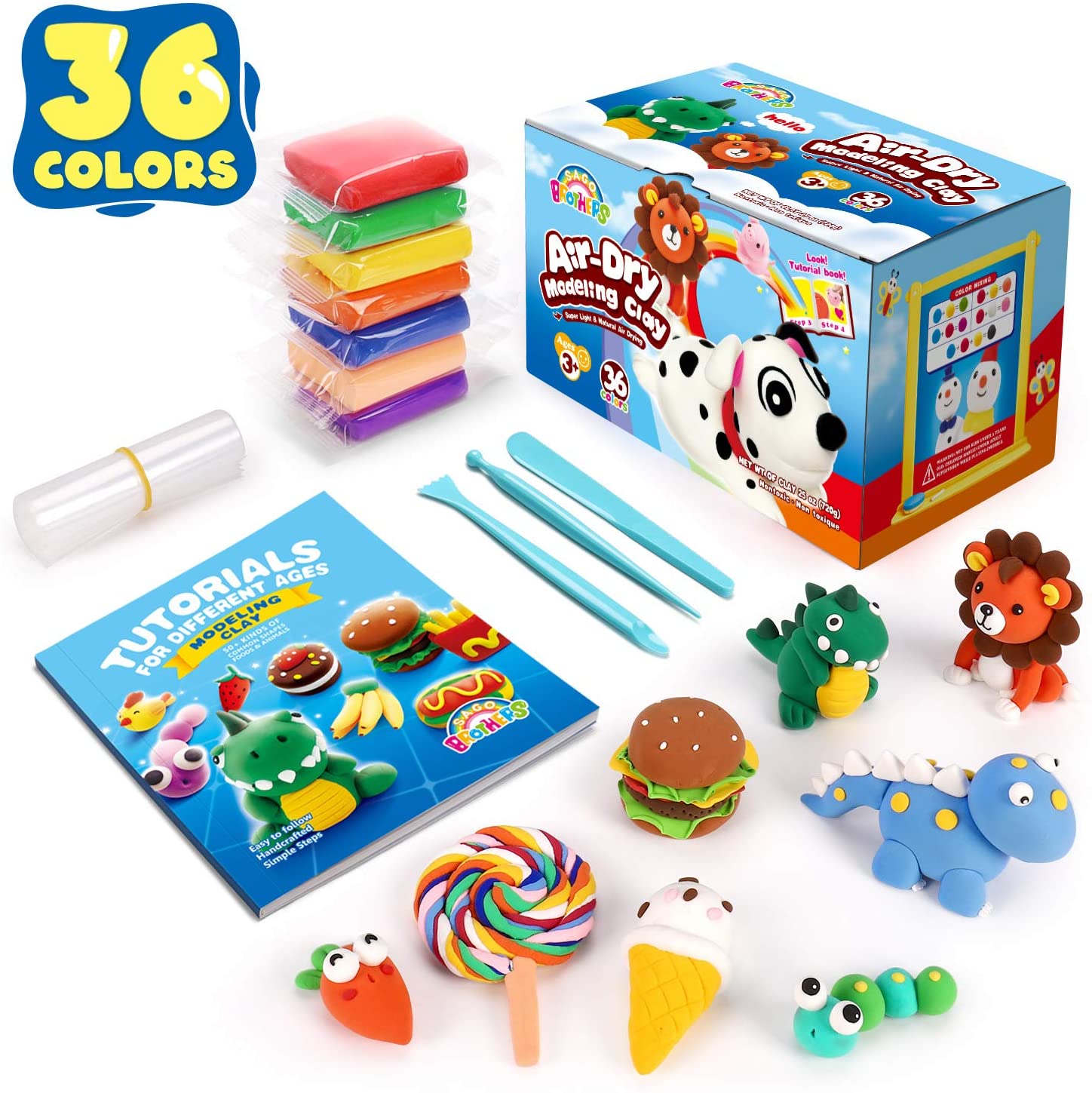 Sago Brothers Air Dry Clay, 36 Colors Modelling Clay Set including 3 Tools & Book