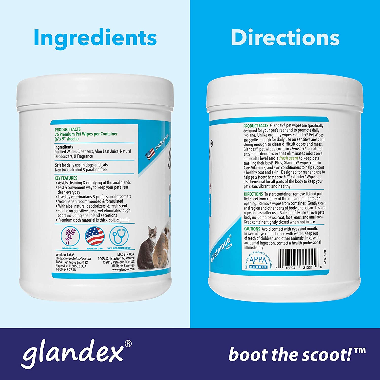 Vetnique Labs Glandex Dog Wipes Cleansing Deodorizing Hygienic Anal Gland Grooming Wipes (75ct Container) - Image 2