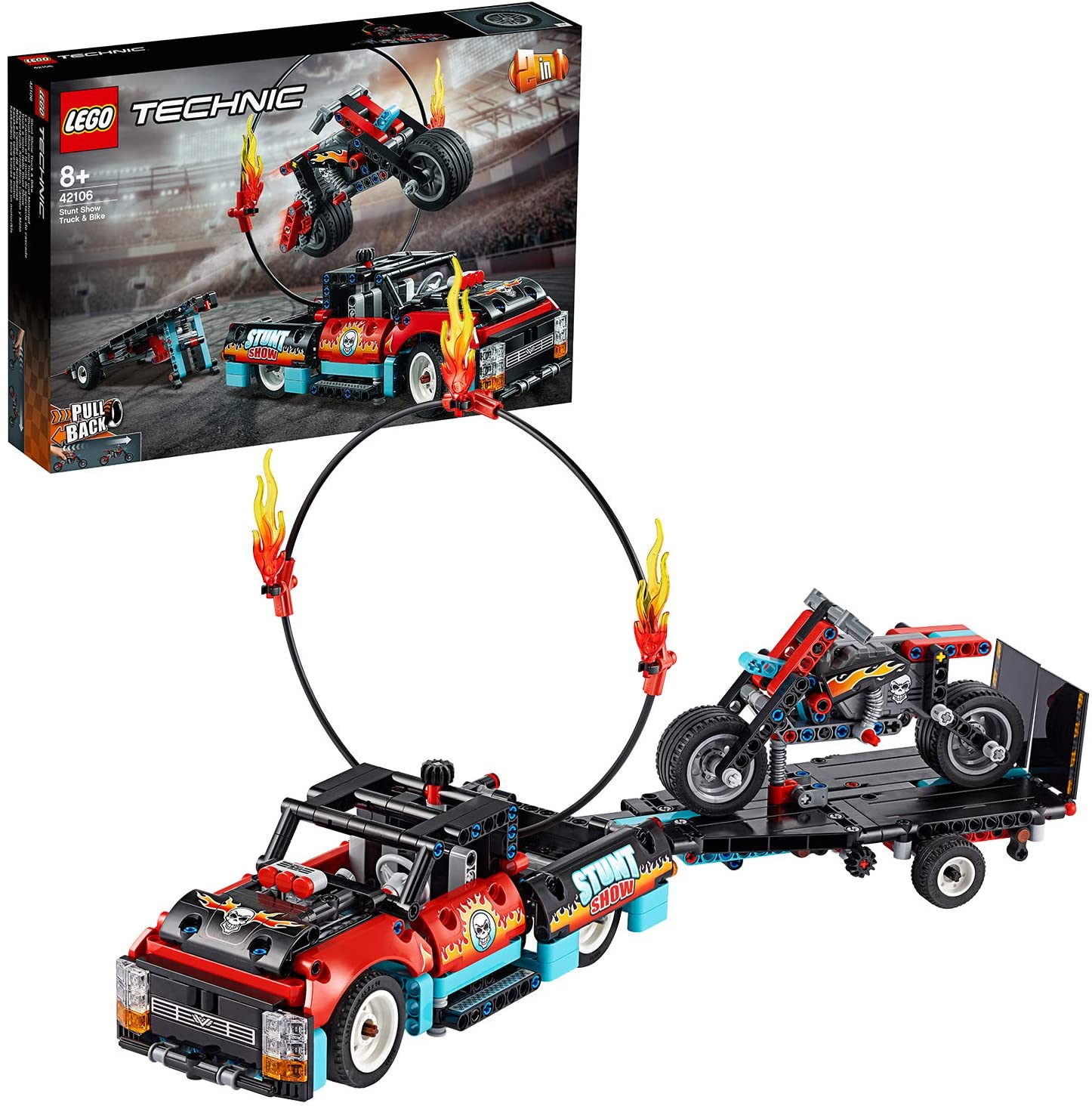 LEGO 42106 Technic Stunt Show Truck & Bike Toys Set, 2in1 Model with Pull-Back Motor and Trailer, Multicolor