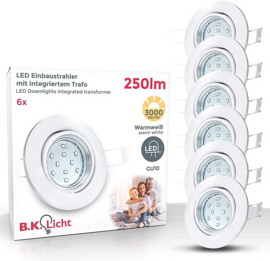 B.Kt - Set of 6 LED Recessed Spotlights with 6X 3W GU10 Bulbs Included and Swivel Design, White Metal, Round