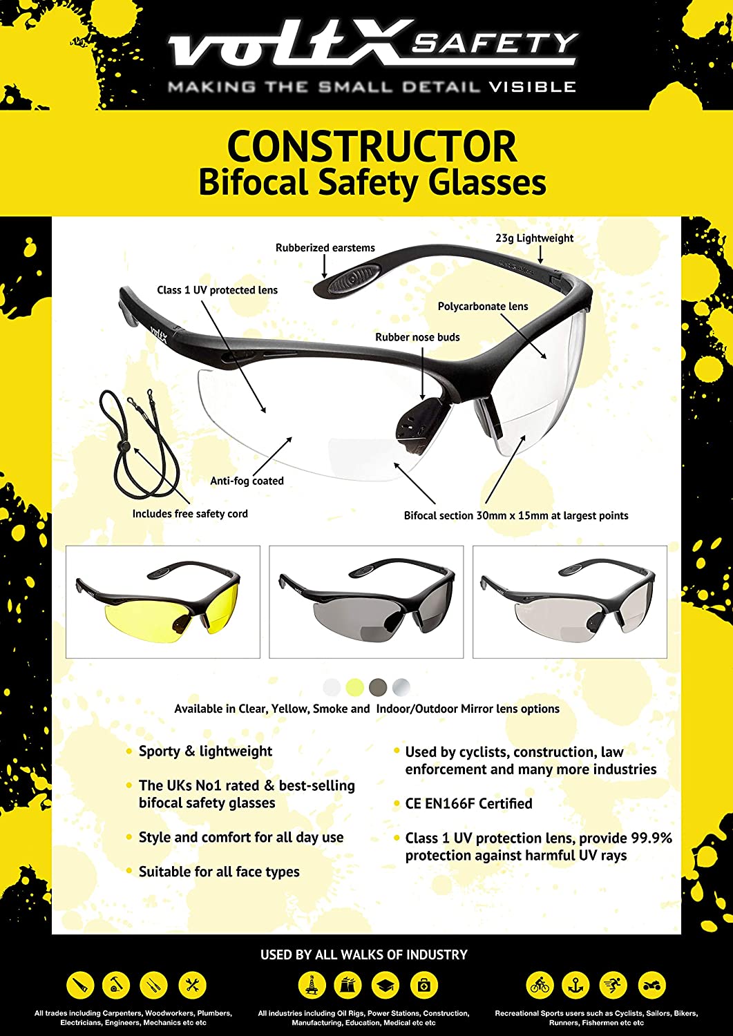 voltX 'CONSTRUCTOR' BIFOCAL Reading Safety Glasses (CLEAR +2.0 Dioptre) UKCA & CE EN166F certified/Cycling Sports Glasses include's safety cord + UV400 anti-fog coated lens - Image 2