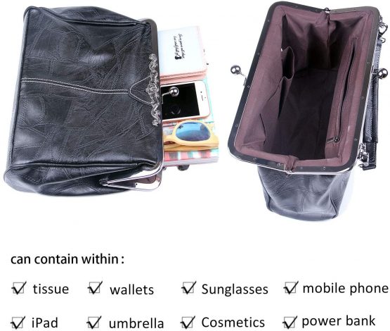 LUI SUI Women Retro Handbag, PU Leather Purse Vintage Top Handle Bag Kiss Lock Crossbody Shoulder Bag for Ladies - Image 3