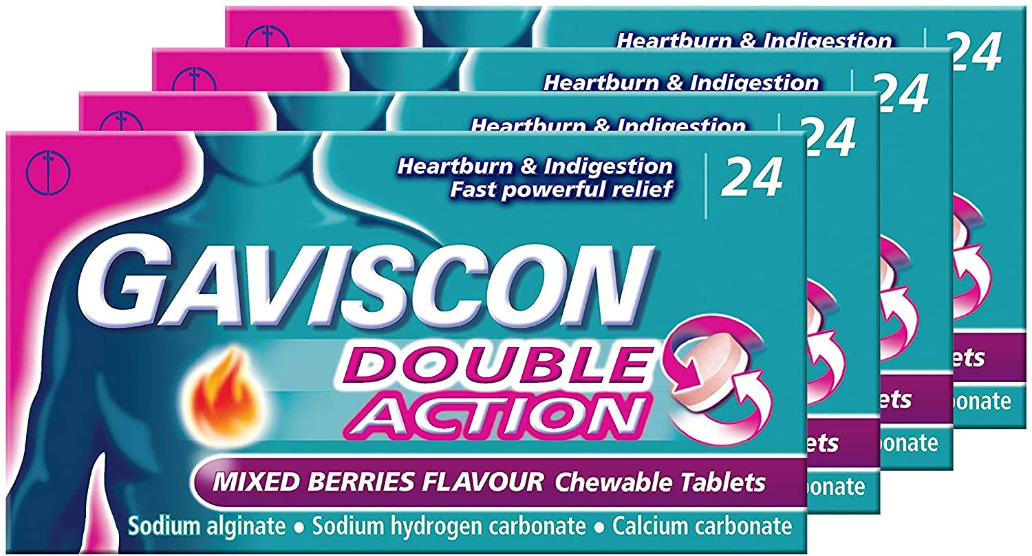 Gaviscon Double Action chewable tablets, Mixed Berries, 4-Pack, Fast Heartburn & Indigestion Relief, Convenient Sachets