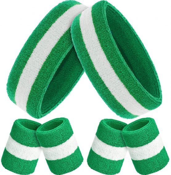Bememo 6 Pieces Sweatbands Set, Includes 2 Pieces Sports Headband and 4 Pieces Wristbands Sweatbands Cotton Sweatband Set for Men and Women