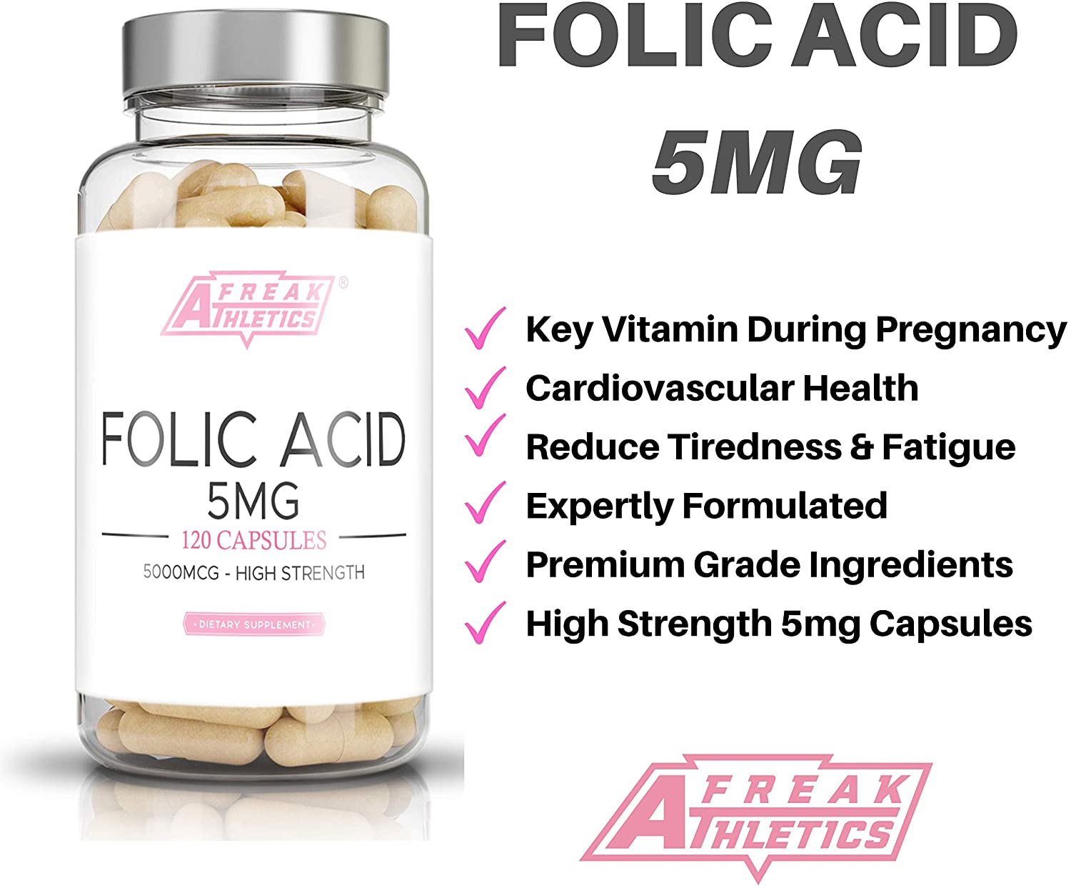 Folic Acid 5mg – 5000mcg (Vitamin B9) | 120 Easy Swallow Capsules ...