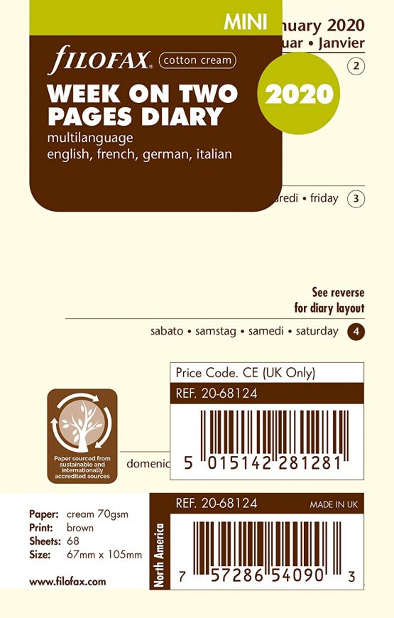 Filofax Calendar Insert Mini 1 Week on 2 Pages Cotton Cream (Multilingual) 2020
