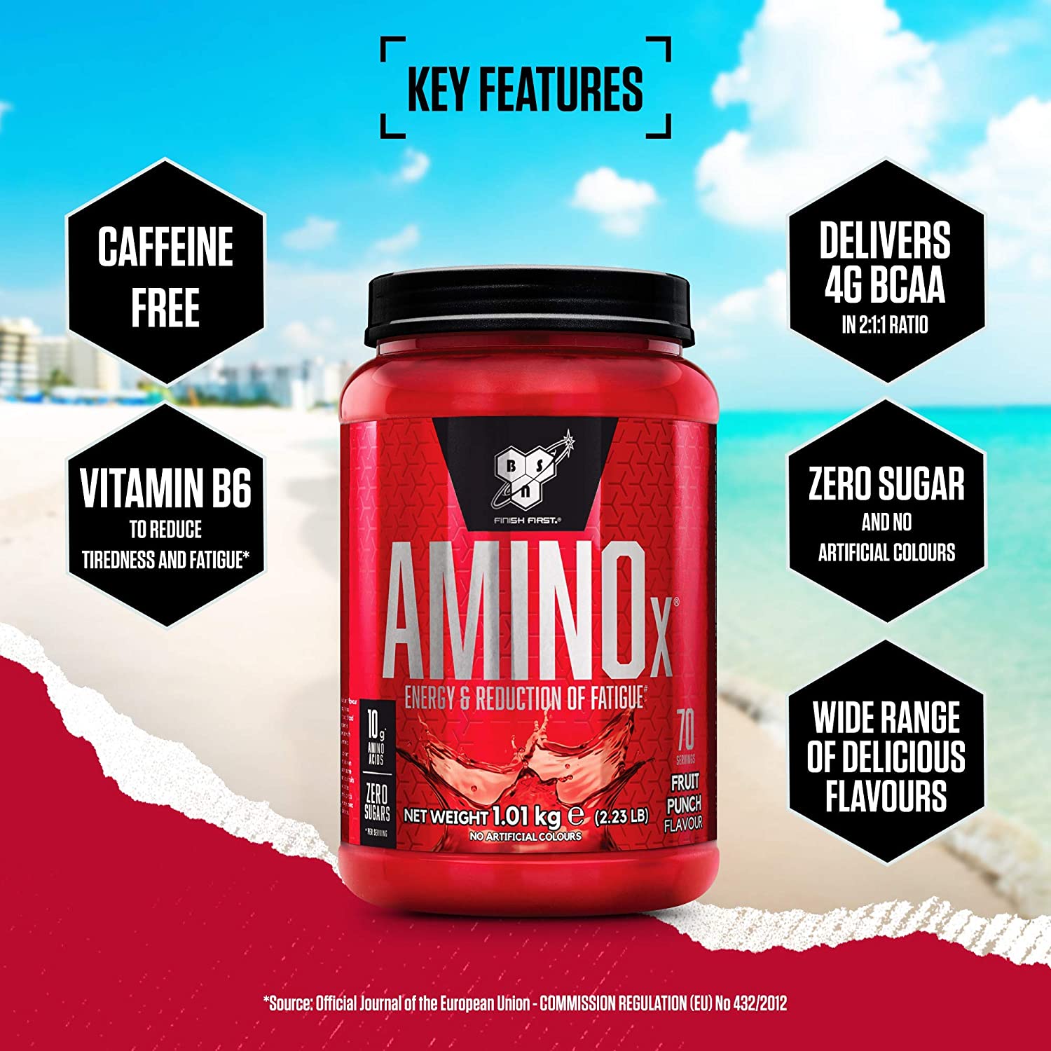 BSN Nutrition Amino X Supplement with Vitamin D, Vitamin B6 and Amino Acids, Fruit Punch Flavour, 70 Servings, 1 kg - Image 2