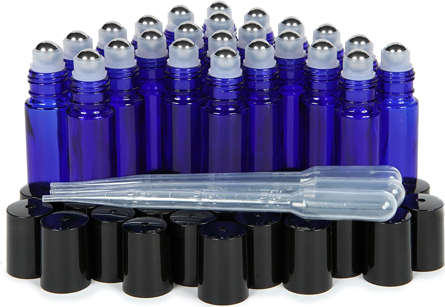Vivaplex 24 count, cobalt blue, 10 ml glass roll-on bottles with stainless steel roller balls, 3-3 ml droppers included