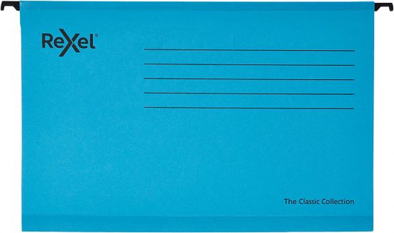 Rexel Classic Foolscap Reinforced Suspension Files for Filing Cabinets, 15 mm V base, 100 Percent Recycled Card, Blue, Pack of 25, 2115590