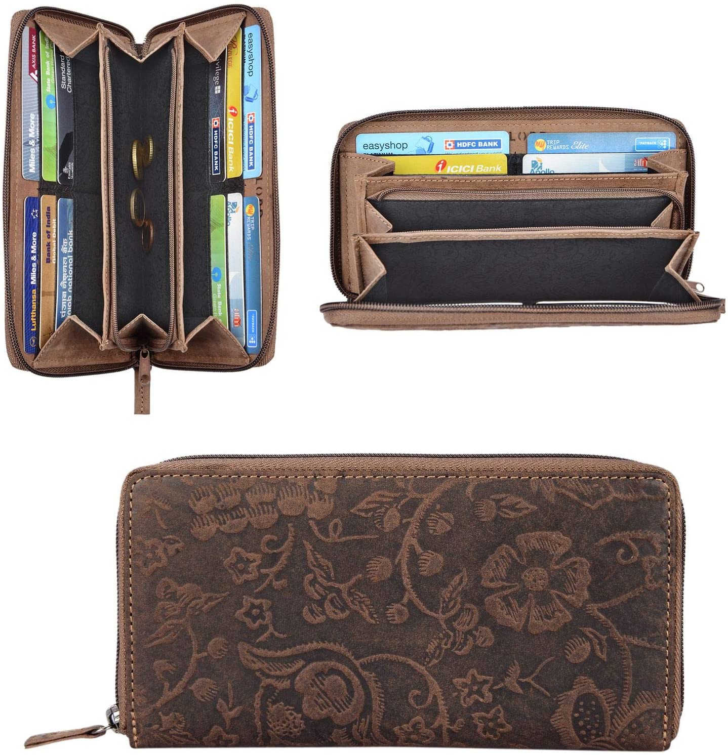 STILORD 'Aurelia' Leather Purse for Women Brown Vintage with Flowers Large Wallet with Coin Storage 12 EC-Cards Horizontal in Genuine Cow Hide Leather - Image 2