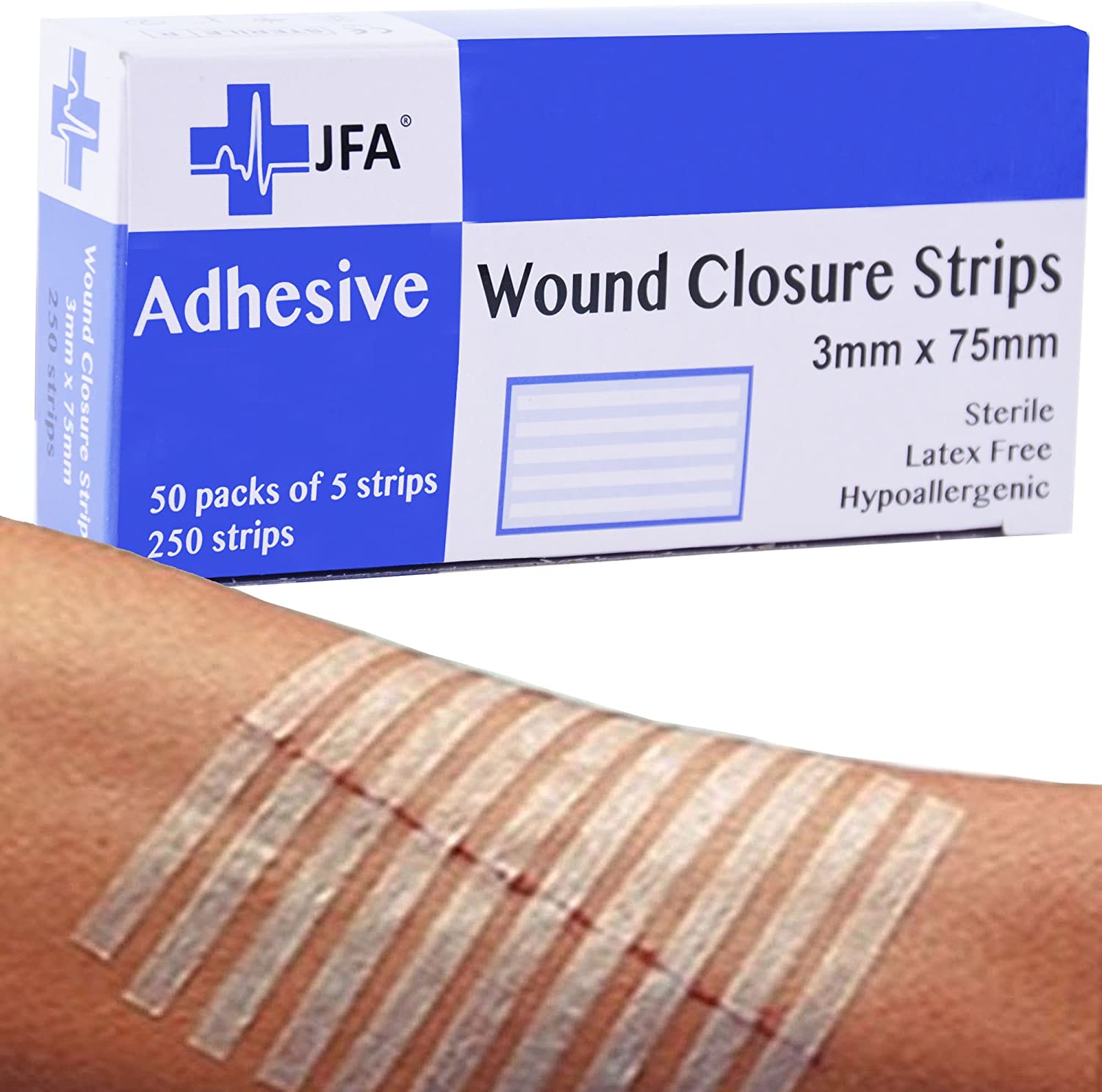 JFA Medical 250 Sterile Skin Wound Closure Strips (3 x 75mm) - 5 Strips per Pack, Small