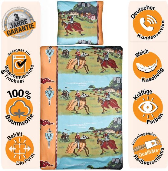 Aminata kids Knight bed linen 135 x 200 cm + 80 x 80 cm made of cotton with zip, our children's bed linen with knight's castle motif is soft and cuddly - Image 2