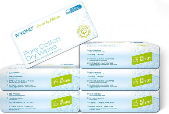 Ivyone Pure Cotton Dry Wipes, 600 Wipes, Biodegradable, Chemical-Free and Plastic-Free Wipes, Perfect for Newborn Sensitive Skin