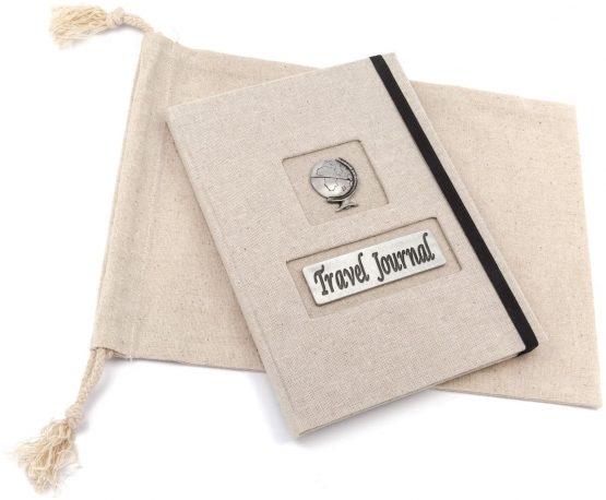 Travel Journal with pewter globe design, A5 size with 120 lined pages, complete with a smart drawstring canvas bag. - Image 2