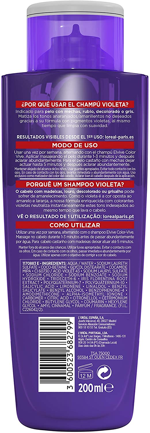 LOreal Paris Anti-Effect Orange Tinting Violet Shampoo, for Colored Blonde, Bleached or Grey Hair, Elvive Color Vive - Image 2