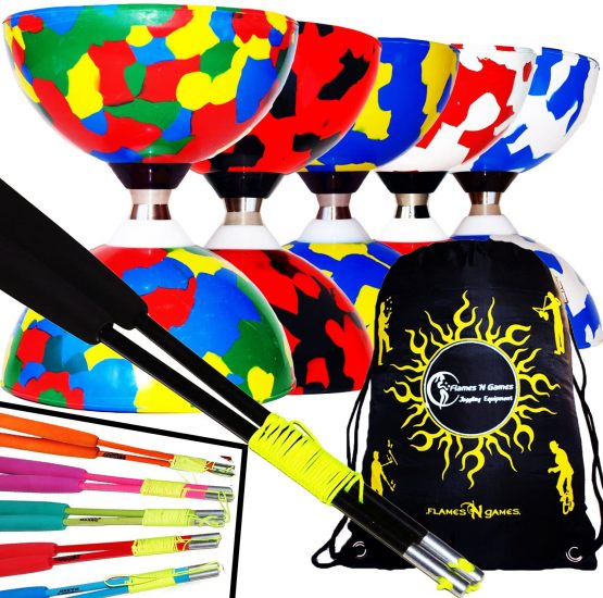 Juggle Dream JESTER Ball Bearing Diabolo Pro Set + Coloured FIBER Diabolo Sticks, Diabolo String + Diabolo Travel Bag. (MultiColour Diabolo + Black Handsticks)