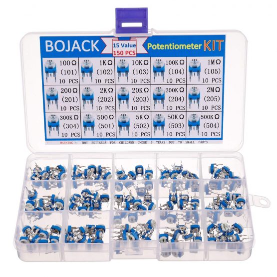 BOJACK 15 Values 150 pcs 100 Ohm- 2M Ohm Variable Resistor 6mm Potentiometer Assortment Kit packag in a Clear Plastic Box - Image 2