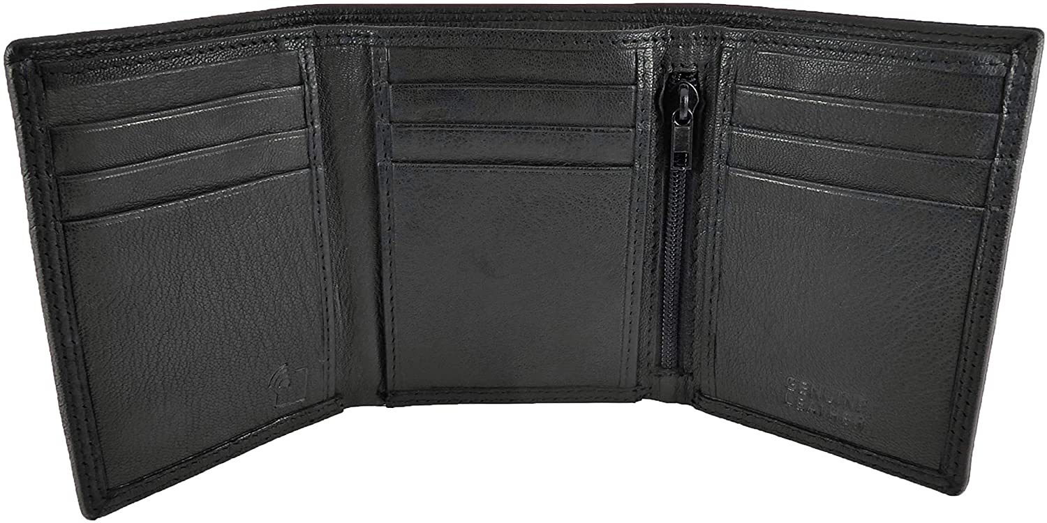 Hide and Sleek Mens Compact Pocket Leather Trifold Wallet (Black)