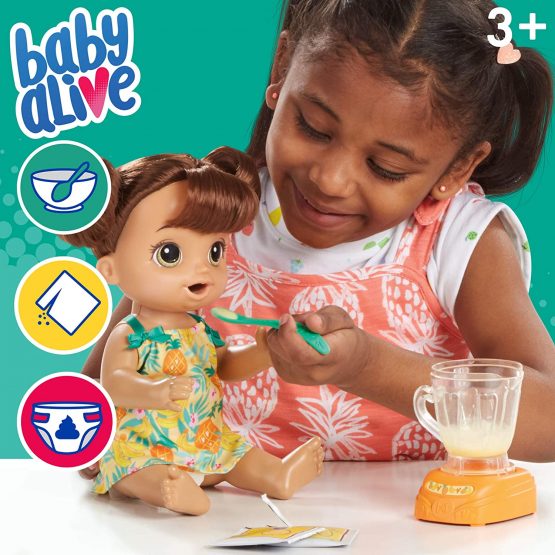 Baby Alive Magical Mixer Baby Doll Tropical Treat with Blender Accessories, Drinks, Wets, Eats, Brown Hair Toy for Children Aged 3 and Up - Image 4