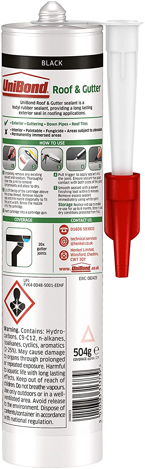 UniBond Roof & Gutter Sealant, Long-Lasting Butyl Sealant for Roofing Applications, Waterproof Sealant for Outdoor Use, Flexible & Durable Roof Sealant, 1x504g Cartridge - Image 2