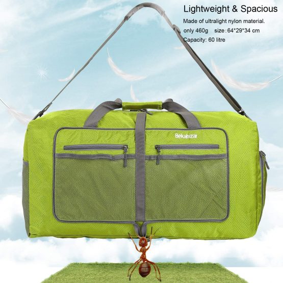 Bekahizar 60L Foldable Duffle Bag Large Lightweight Packable Travel Weekend Duffel with Shoe Compartment and Shoulder Strap for Luggage, Gym, Sport, Camping, Storage, Shopping (Dark Green) - Image 2