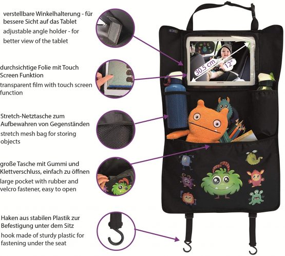 HECKBO® car backseat organizer with adjustable tablet pocket for tablets up to 20 inches with touch foil - Monster + Unicorn print - universal fit - incl. thermo pocket + stretch net pocket - washable - Image 2