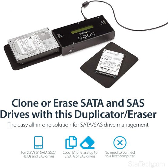 StarTech SATSASDUPE11 1:1 Hard Drive Duplicator and Eraser for 2.5 Inch/ 3.5 Inch SATA (I/II/III) and SAS (I/II) HDD SSD, LCD and RS-232, Cloner and Wiper - Image 2