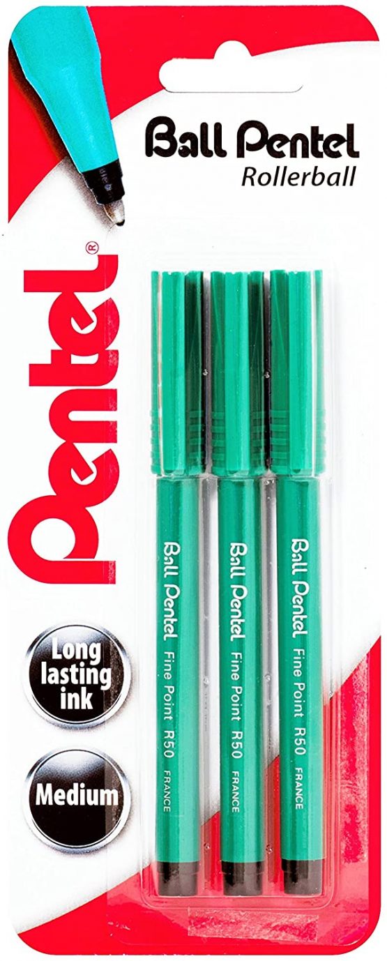 Pentel R50 Rollerball Pen, Green Barrel - Black Ink - 1 Blister Card of 3 Rollerballs, XR50/3-A