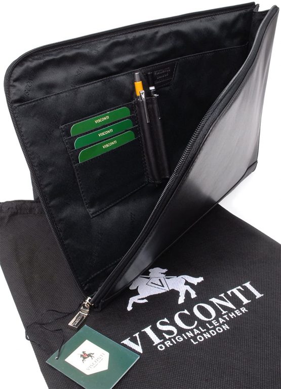 VISCONTI - A4 Zipped Document Folder - Genuine Leather - Executive Conference Notepad Holder - Business Portfolio Organiser - Credit Card + Pen Pockets - 18238 - Bond - Black - Image 4